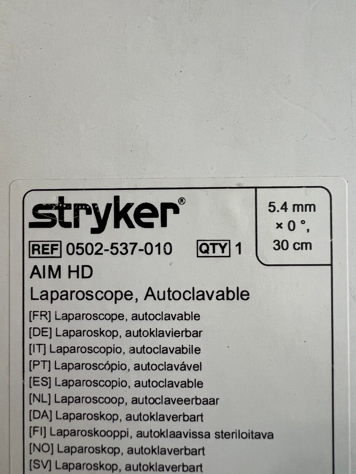 STRYKER 502-537-010 AIM LAPAROSCOPE, 5.4mm x 0°, 30cm AUTOCLAVABLE (NEW) Green